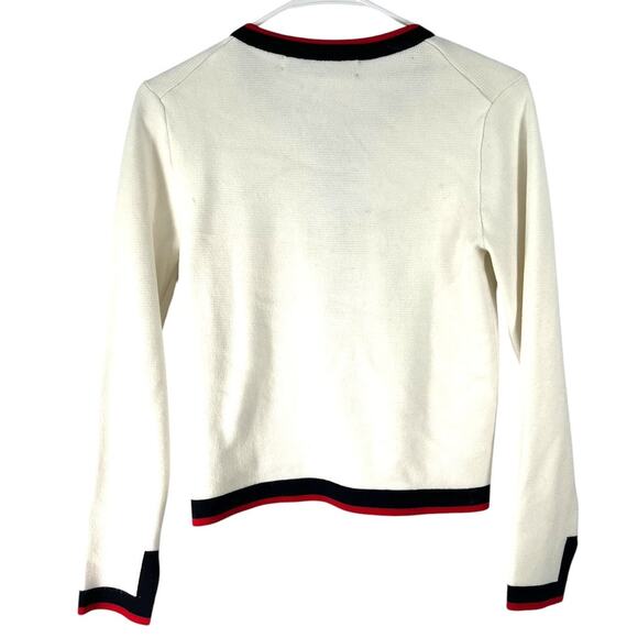 ZARA S Knit Pearl Cardigan V White Stripe-Trim Red Blue Sweater Cropped Classic - Picture 4 of 7